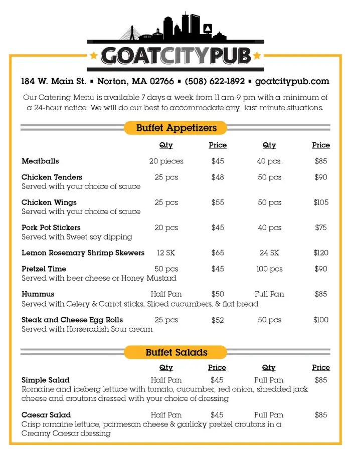 Catering menu, page one: appetizers and salads
