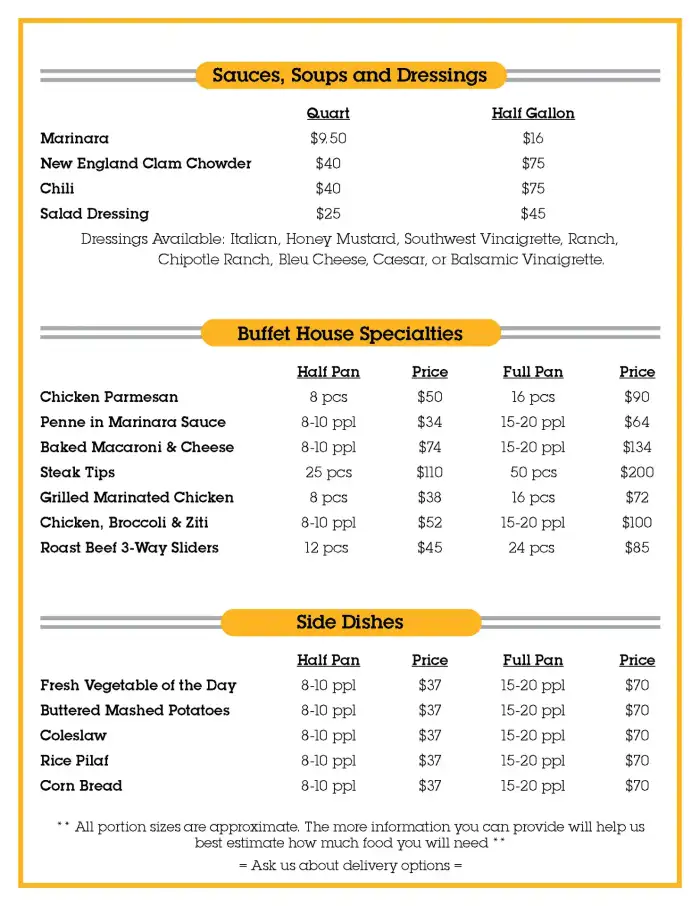 Catering menu, page two: entrees and sides